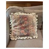 18 inch floral needlepoint pillow with fringe