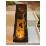 Antique Japanese lacquer pauper mache glove box, hand-painted guilt, geisha. 11” x 3 1/4”