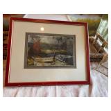 17” x 14” matted and red framed oil painting with boat. Can’t make out signature on bottom. Info on back