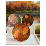Set of 3 - 6 inch enamel on copper plates with leaves