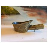 Antique Chinese brass silk iron with jade handle 6” x 2”