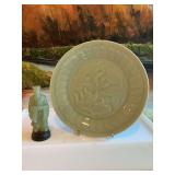 Vintage 8 inch Celadon green Koi fish lotus plate and a 4” Chinese chess piece