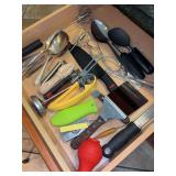 Contents of (2) kitchen drawers - utensils, silverplate utensils, Flint steak knives, BBQ utensils