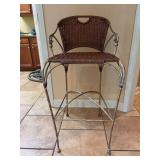 Gold wash wrought iron base barrel back bar stool with brown wicker seating and back - 20-1/4 x 15 x 31 tall to seat (41-1/2 tall overall)