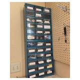 Grouping of two stacked blue metal small-parts storage cabinets with clear plastic drawers - each measures 14-1/2 x 6-1/2 x 18 tall (please read additional description)