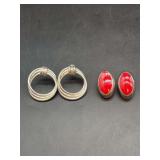 Pair of sterling clip-on earrings with bright red oval stones and a pair of sterling layered hoop post-back earrings - 23 total grams