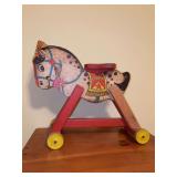 Vintage Fisher-Price #765 Dandy Dobbin wooden rolling and pull toy horse - 13-1/2 long x 12-1/4 tall