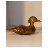 Vintage handcrafted solid wood varnished duck decoy with glass eyes - beautifully designed - 12” long x 6-1/4” tall - personalized on bottom