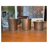 (3) Antique Primitive Copper Hunting Camping Handled Mugs/Cups - 5-1/4, 5 and 3-3/4” tall