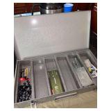 Brumberger stackable metal storage box and contents - divided for screws, nails, clamps and other shop supplies - 14-1/2 x 7-1/2 x 2” tall