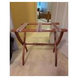 Wooden Mid-Century Folding Luggage Stand with soft decorative cotton straps - 22 x 13-1/2 x 27 tall - blemished from normal use