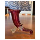 Gorgeous Cranberry and Clear Glass Cornucopia - 4-1/2” tall