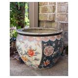Large decorative ceramic fish bowl or jardiniere planter featuring a Satsuma-style hand-painted pattern - needs cleaned - 14-1/2”D x 12” tall