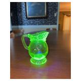Antique Central Glass Works Vaseline Canary Glass Rope & Thumbprint Mini Pitcher - 4-3:4” tall