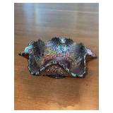 Vintage Fenton Carnival Glass Ruffled Bowl with iridescent metallic sheen and cherry chain motif - 6”D x 2” tall