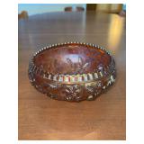 Vintage Imperial Glass marigold orange carnival glass bowl featuring the embossed Open Rose pattern - 5-1/2”D x 3” tall