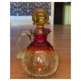 Vintage Mid-Century Crackle Glass Amberina Cruet with Stopper - 6” tall