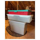 Grouping of (3) large/XL storage totes - clear with white lid has 2 trays