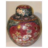Vintage Asian-themed lidded ginger jar featuring a red-and-green enameled base decorated with gold-wire floral motifs and butterflies - 8-1/2” tall