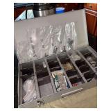 Brumberger stackable metal storage box and contents - divided for screws, nails, clamps and other shop supplies - 14-1/2 x 7-1/2 x 2” tall