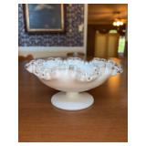 Vintage Fenton Milk Glass Silver Crest White Ruffled Compote Candy Dish - 8”D x 4” tall