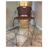 Gold wash wrought iron base barrel back bar stool with brown wicker seating and back - 20-1/4 x 15 x 31 tall to seat (41-1/2 tall overall)