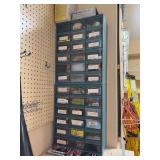 (2) stackable blue metal small-parts storage cabinets with clear plastic drawers - 14-1/2 x 6-1/2 x 18 tall - bring screwdriver/drill to remove from wall