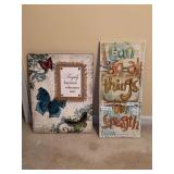 (2) very nice wall art pieces - left is wood and metal and measures 18 x 24-1/2 - right is canvas and measures 12 x 28-1/2