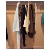 Grouping of women’s clothing - robes, matching denim jacket/pants - makers include Sonia, TanJay, f.l. Malik, Susan Graver, Pappagallo - sizes M/12