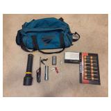 VALENT canvas duffel bag and contents - flashlights, sharpening stone, package of 14 “D” size batteries, Maxon weather radio