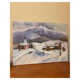 Signed (G.B.T.) wrapped oil on canvas of wintry homestead/church scene