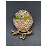 Vintage Sarah Coventry Owl Brooch with Uranium Rhinestone Eyes
