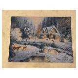Thomas Kinkade woven wall hanging featuring winter painting titled "Deer Creek Cottage” - does light up and needs batteries - 35 x 26 - comes with rod hardware but no rod