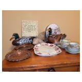 Grouping of home decor items - wooden mallard, ceramic rabbit, 2 copper trinket tray (need cleaned), child’s tea set (not complete) ceramic mallard planter (beak is chipped)