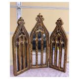 Freestanding antiqued gold-finish gothic cathedral-style folding panel mirror - 22-1/4 x 22-1/4 tall (fully open)