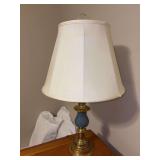 Nice looking brass and blue porcelain base lamp with paneled cloth shade (staining) - 26-1/2 tall