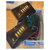 Storage tote of Christmas decor - greenery and 2 boxes of Luminara lights (not tested)
