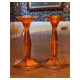 Pair of Fenton Grecian Gold Marigold iridescent carnival glass candlesticks - 6-1/4” tall