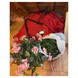 Grouping of Christmas tree, stand and bag (no other known info), artificial hydrangeas, bag of ivy and 2 (34”) wreaths