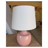 Pink ribbed ceramic sphere table lamp features a classic white drum shade - 15–/2” tall - working condition