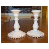 Pair of vintage Fenton white milk glass candlesticks with silver crest ruffled edge - 6” tall