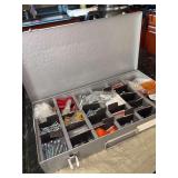 Brumberger stackable metal storage box and contents - divided for screws, nails, clamps and other shop supplies - 14-1/2 x 7-1/2 x 2” tall