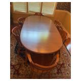 Vintage Tell City solid hard rock maple colonial oval dining table with (6) pub-style chairs with a distinctive heart cutout on the crest rail - each leaf is 11-1/2”