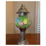 Decorative vintage tabletop ornate metal and ribbed glass pedestal lantern - currently filled with Easter decor but can be multi-purposed for various holidays or left empty