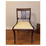 Vintage mahogany dining chair featuring a classic lattice-pattern back splat and a cream floral damask upholstered seat - 19 x 17 x 19 tall to seat (33-1/4 tall)