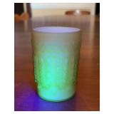 Northwood Glass Uranium Tumbler with embossed print, milk glass inner finish and outer satin glass finish