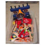Tote full of wooden train pieces, Eastpoint Accurate Aim Hover Target Shooting Game (working condition unknown)
