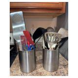 (2) stainless steel utensil caddies and contents