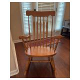 Unmarked solid maple rocking chair with carved top area - 24 x 17 x 16 tall to seat (38 tall overall)