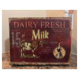 Rustic “Dairy Fresh Milk' decorative wooden box featuring a vintage cow illustration and a distressed red and cream finish - 13 x 10 x 6-1/2 tall